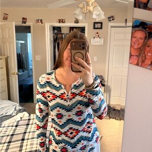 Tribal Print Henley Long Sleeve Top - Blue, Red, White